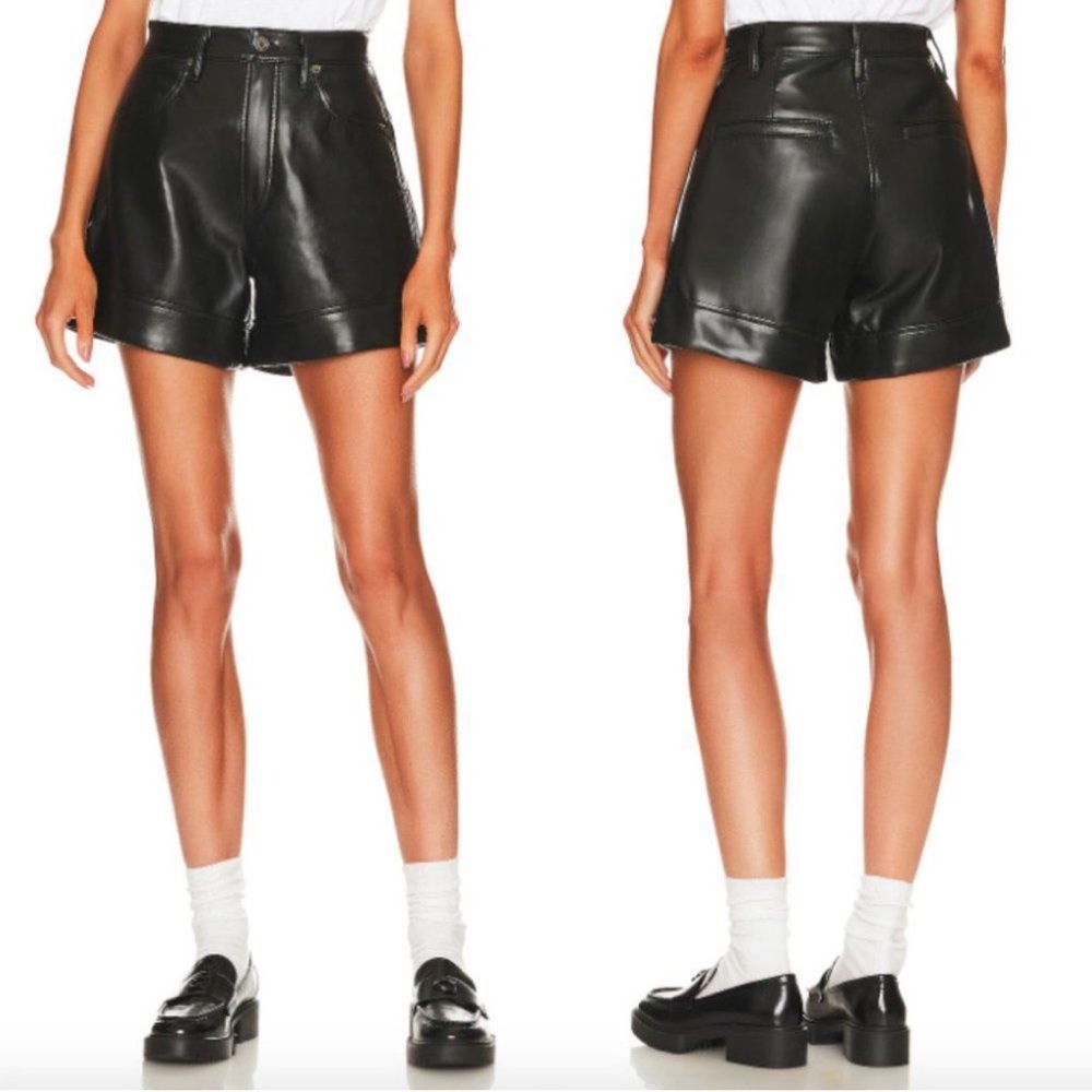 AGOLDE black recycled leather angled hem casual shorts 30